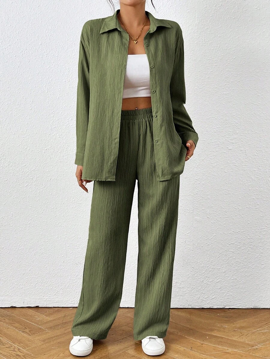 Petite Black Two Piece Office Set Blouse And Pants With Single Breasted Button Front