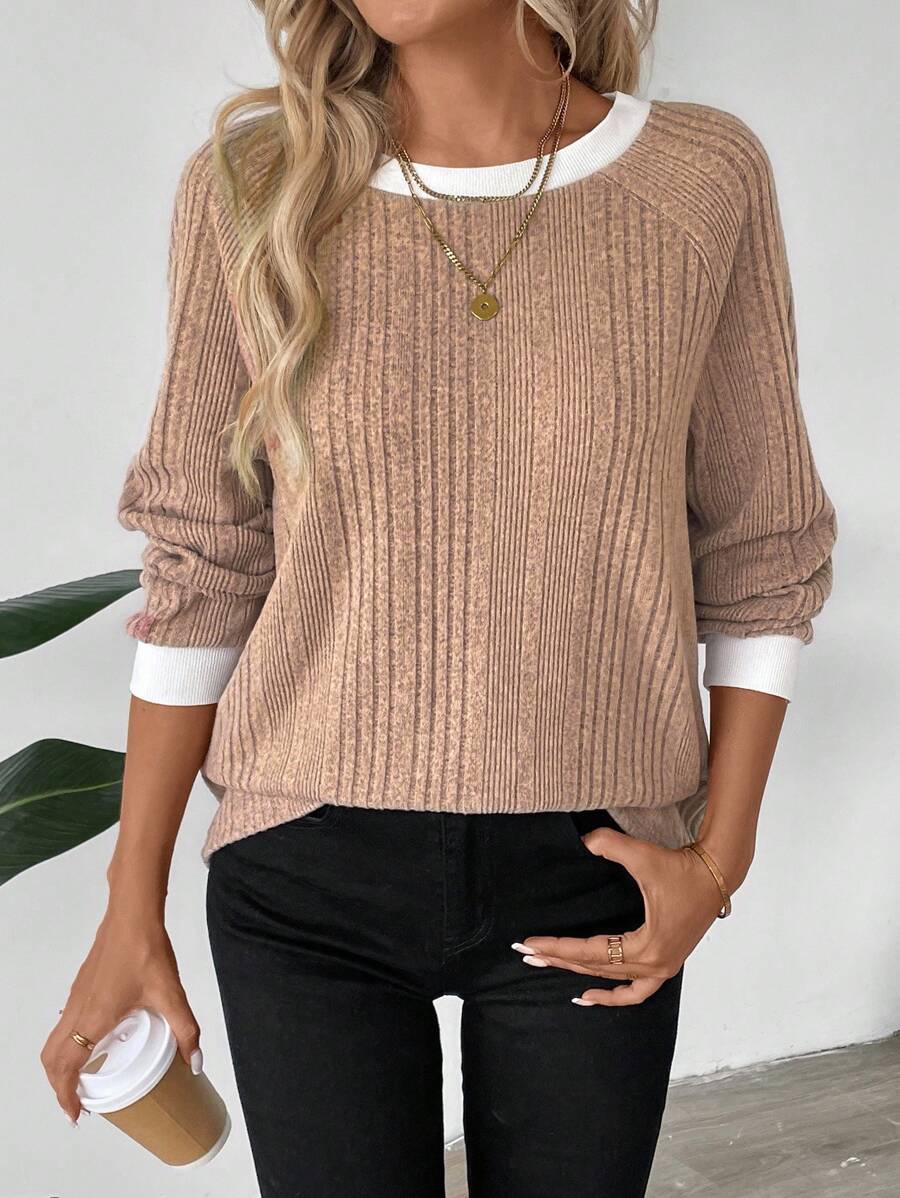 Colorblock Raglan Sweatshirt Round Neck Pullover Lined For Warmth Casual Daily