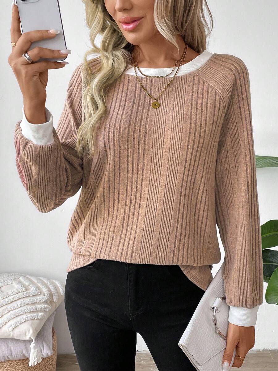 Colorblock Raglan Sweatshirt Round Neck Pullover Lined For Warmth Casual Daily