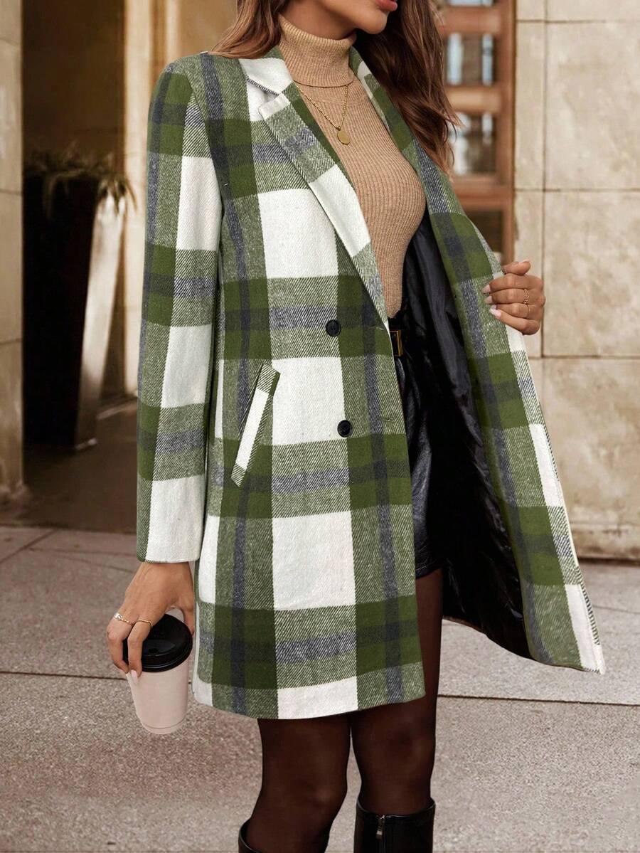 Timeless Plaid Wool Coat Turndown Collar Double Breasted