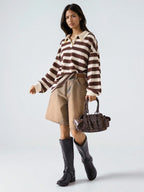 Striped Drop Shoulder Polo Neck Tee Casual Loose Fit Chic