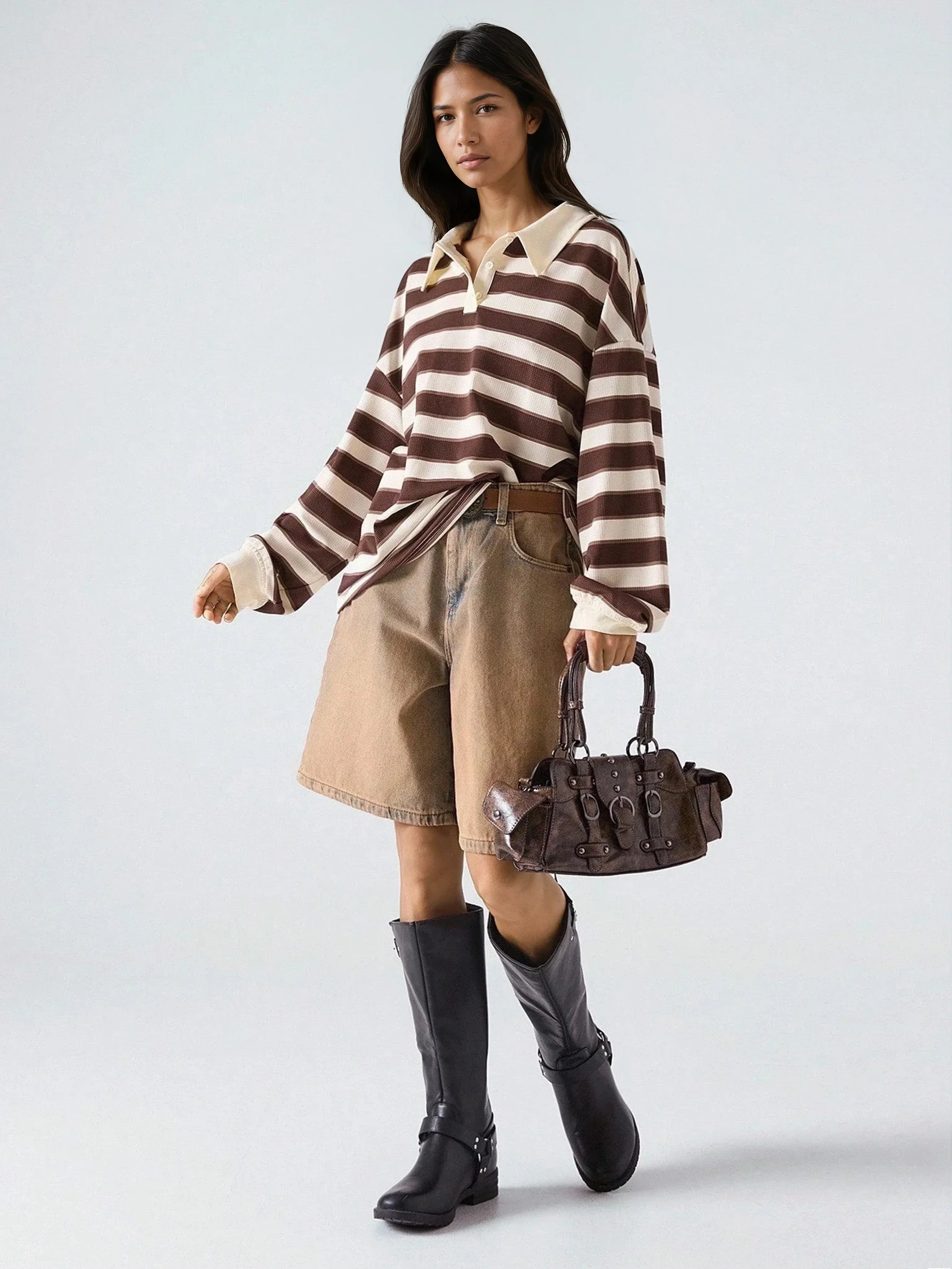 Striped Drop Shoulder Polo Neck Tee Casual Loose Fit Chic