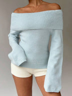 Off Shoulder Foldover Ribbed Knit Jumper