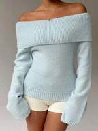 Off Shoulder Foldover Ribbed Knit Jumper
