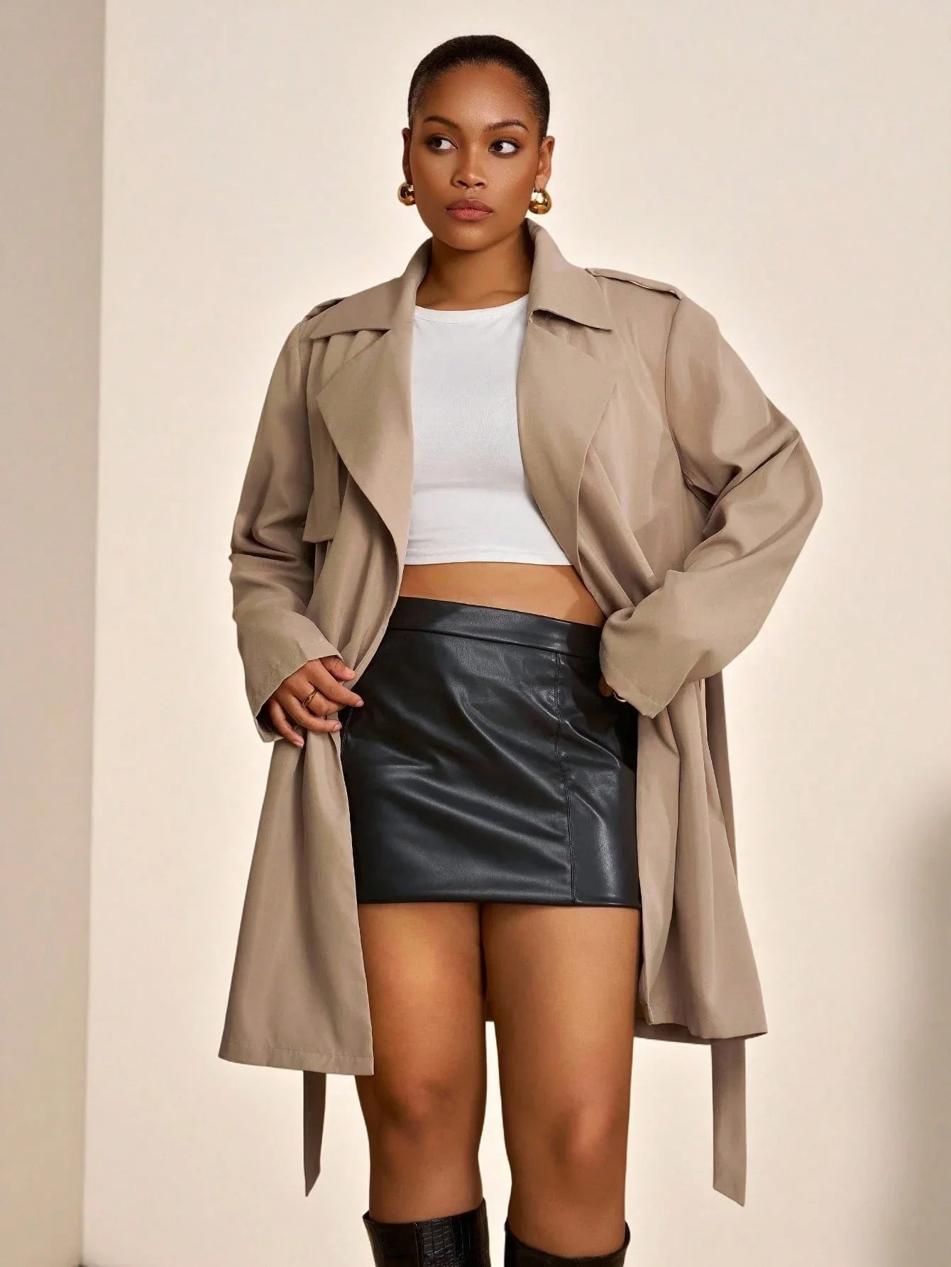 Plus Size Trench Coat Two Piece Belted Beige Minimalist