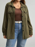 Plus Size Corduroy Shacket Single Breasted Blue Long Sleeve