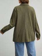 Plus Size Corduroy Shacket Single Breasted Blue Long Sleeve