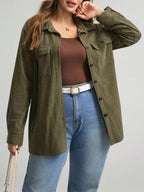 Plus Size Corduroy Shacket Single Breasted Blue Long Sleeve