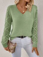 Open Knit V Neck Sweater Drop Shoulder Long Sleeve