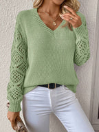 Open Knit V Neck Sweater Drop Shoulder Long Sleeve