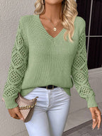 Open Knit V Neck Sweater Drop Shoulder Long Sleeve