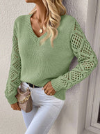 Open Knit V Neck Sweater Drop Shoulder Long Sleeve