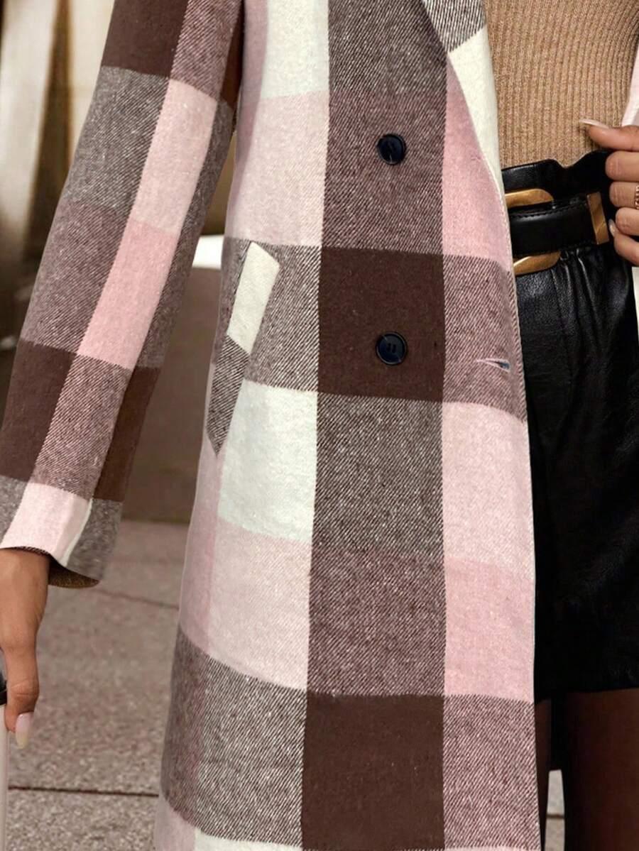 Timeless Plaid Wool Coat Turndown Collar Double Breasted