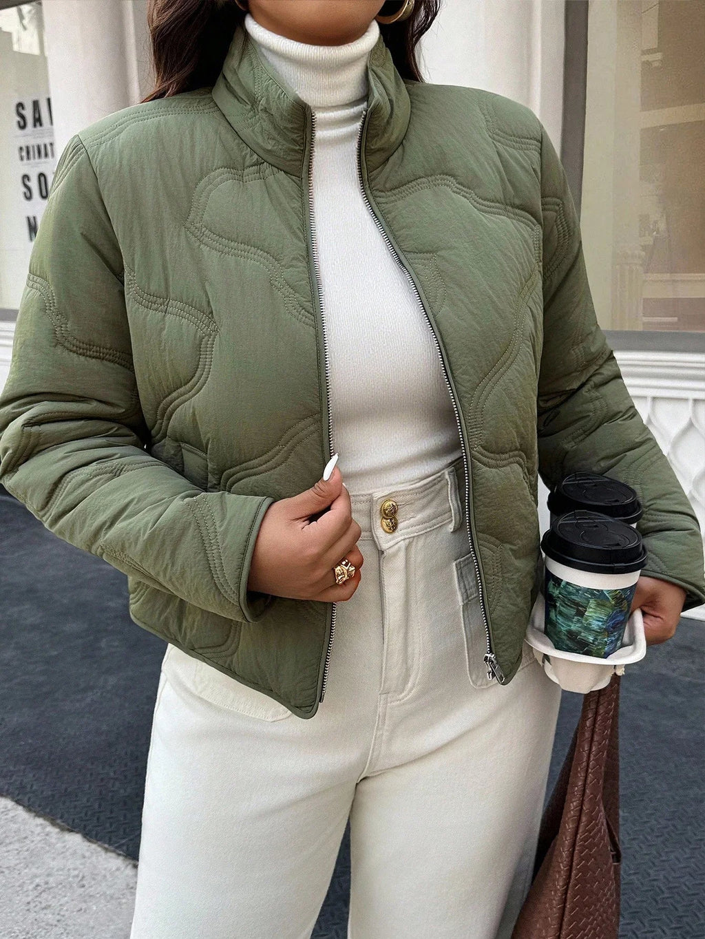 Plus Size Zipper Front Winter Jacket Solid Green Lined