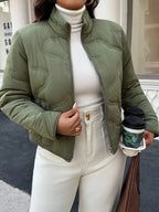 Plus Size Zipper Front Winter Jacket Solid Green Lined
