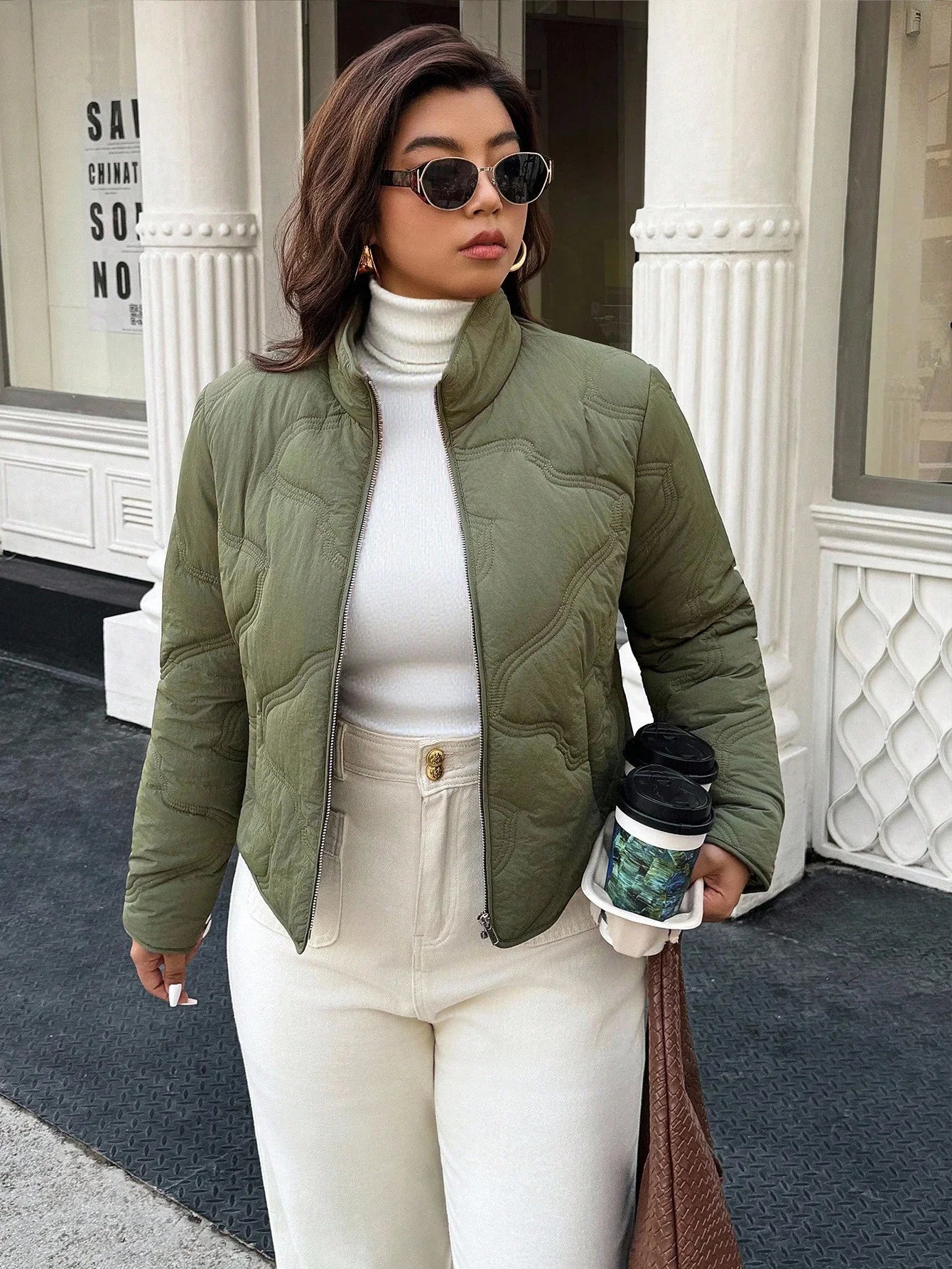 Plus Size Zipper Front Winter Jacket Solid Green Lined