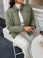 Plus Size Zipper Front Winter Jacket Solid Green Lined