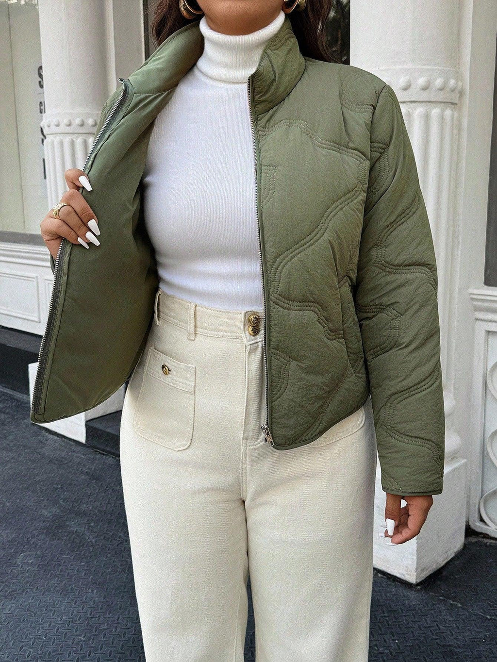 Plus Size Zipper Front Winter Jacket Solid Green Lined