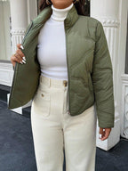 Plus Size Zipper Front Winter Jacket Solid Green Lined