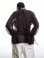 Brown Ruffle Sleeve Tie Neck Blouse Casual Chic Flare Top