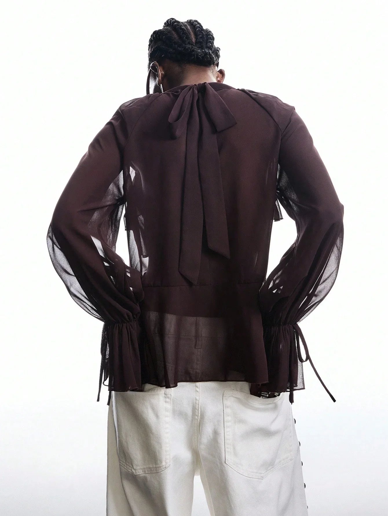 Brown Ruffle Sleeve Tie Neck Blouse Casual Chic Flare Top