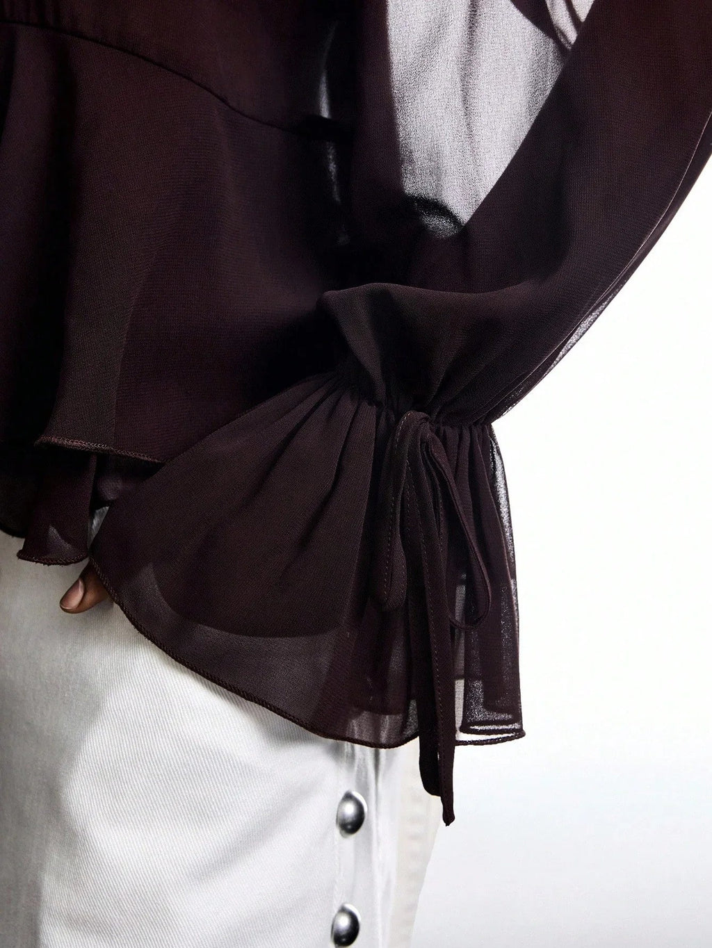 Brown Ruffle Sleeve Tie Neck Blouse Casual Chic Flare Top