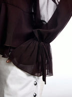 Brown Ruffle Sleeve Tie Neck Blouse Casual Chic Flare Top