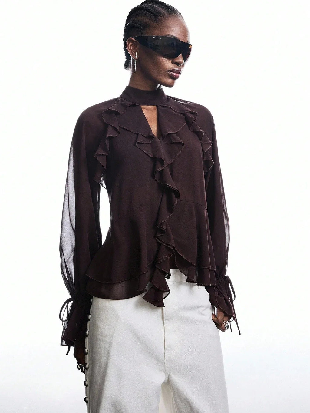Brown Ruffle Sleeve Tie Neck Blouse Casual Chic Flare Top