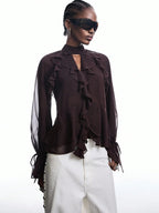 Brown Ruffle Sleeve Tie Neck Blouse Casual Chic Flare Top
