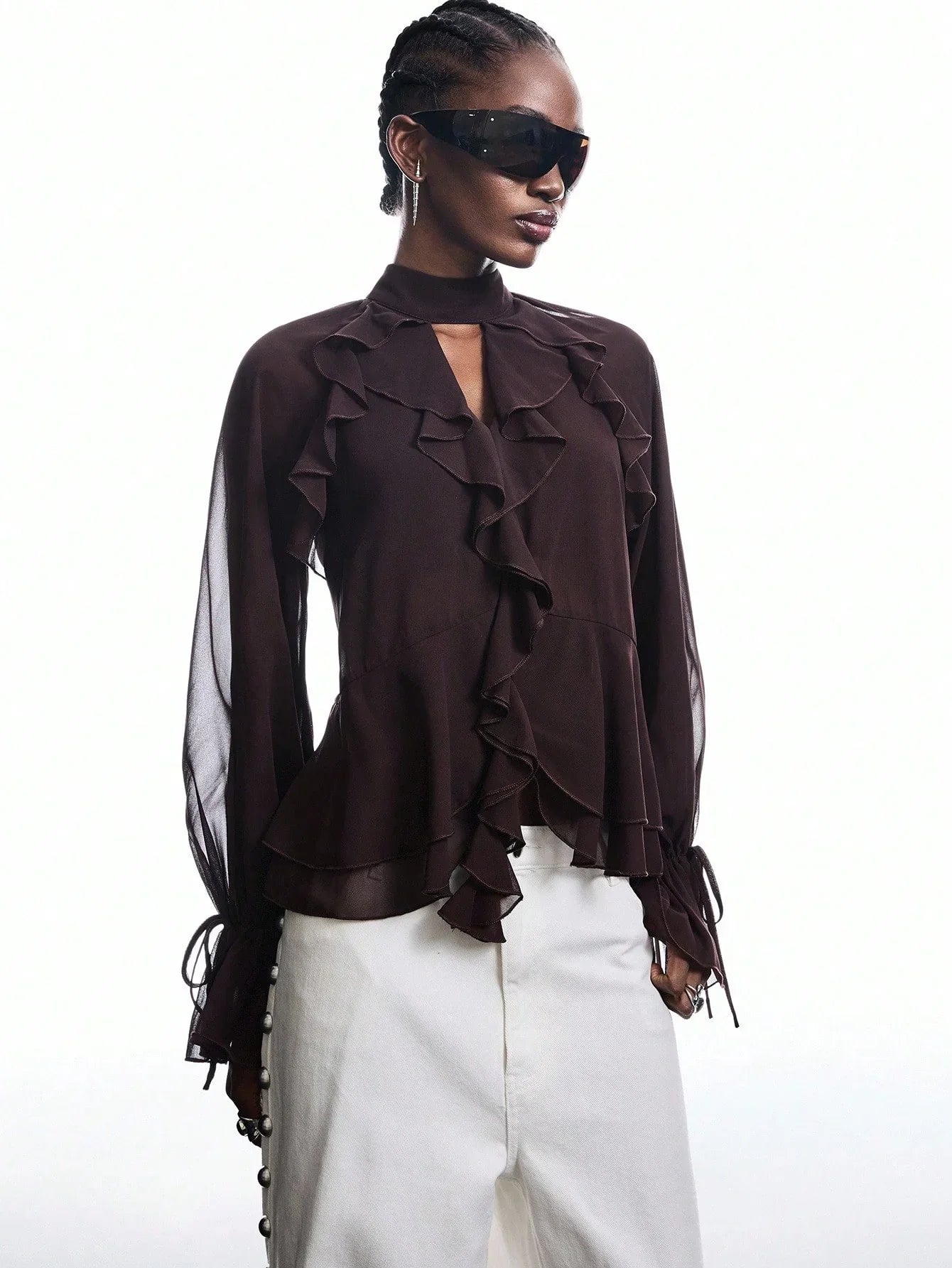 Brown Ruffle Sleeve Tie Neck Blouse Casual Chic Flare Top
