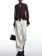 Brown Ruffle Sleeve Tie Neck Blouse Casual Chic Flare Top