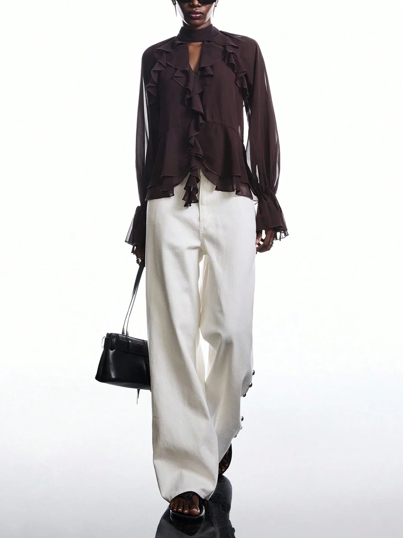 Brown Ruffle Sleeve Tie Neck Blouse Casual Chic Flare Top