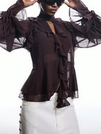 Brown Ruffle Sleeve Tie Neck Blouse Casual Chic Flare Top