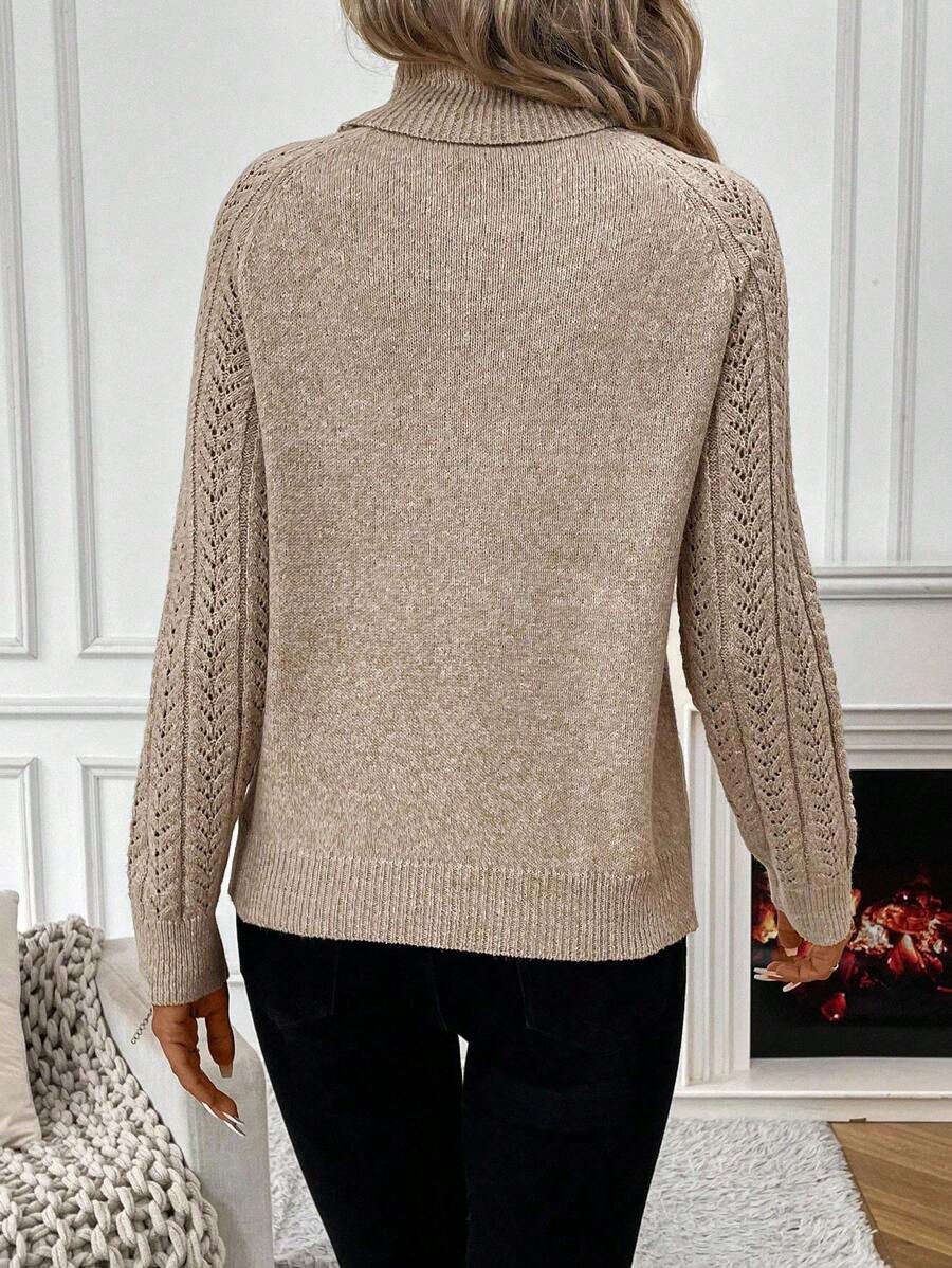 White Pointelle Hollow Out Raglan Sleeve Pullover Sweater Cozy Winter Casual Knit For Daily Wear