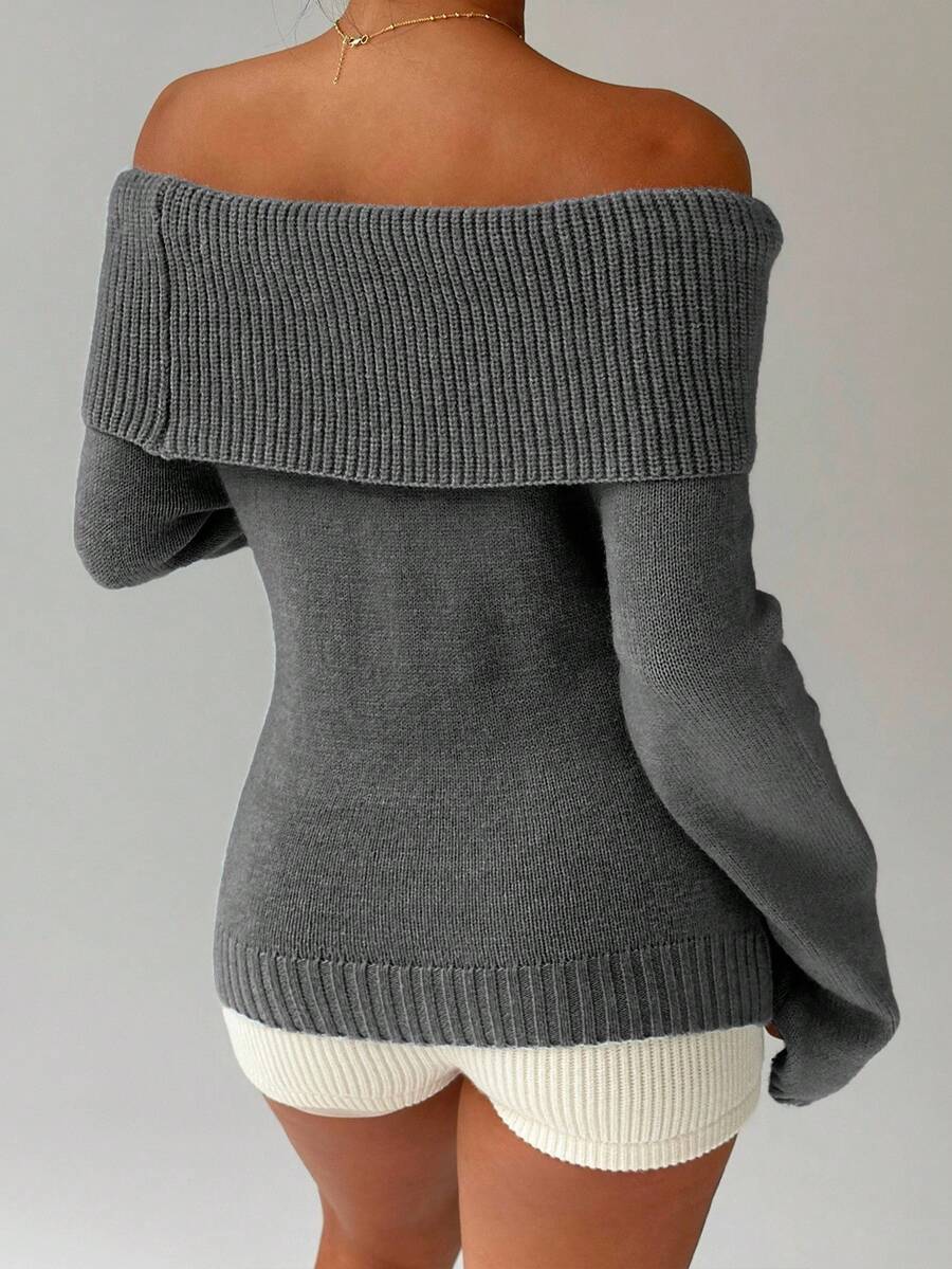 Off Shoulder Foldover Ribbed Knit Jumper