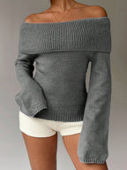 Off Shoulder Foldover Ribbed Knit Jumper