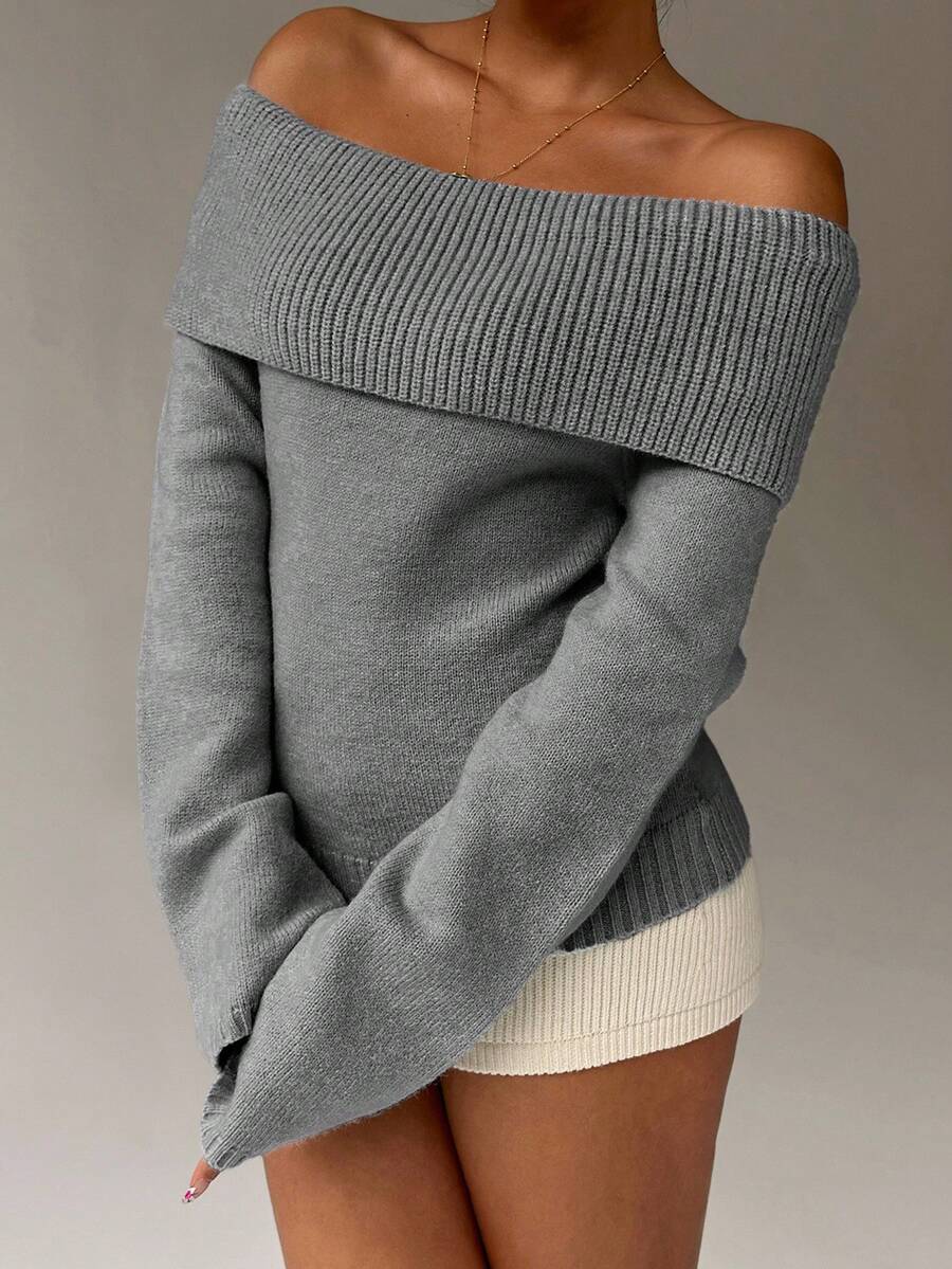 Off Shoulder Foldover Ribbed Knit Jumper