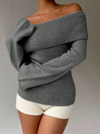 Off Shoulder Foldover Ribbed Knit Jumper