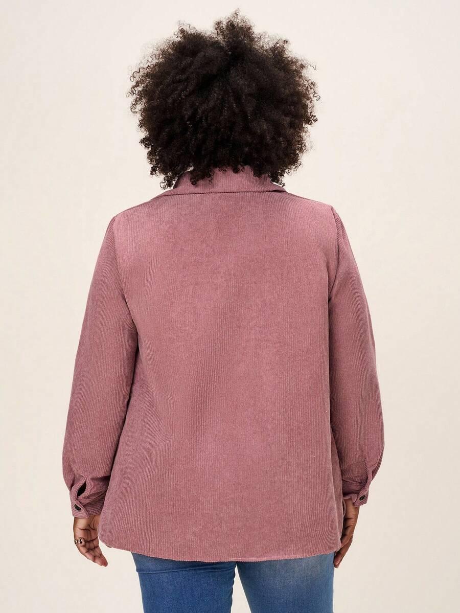 Plus Size Corduroy Shacket Single Breasted Blue Long Sleeve