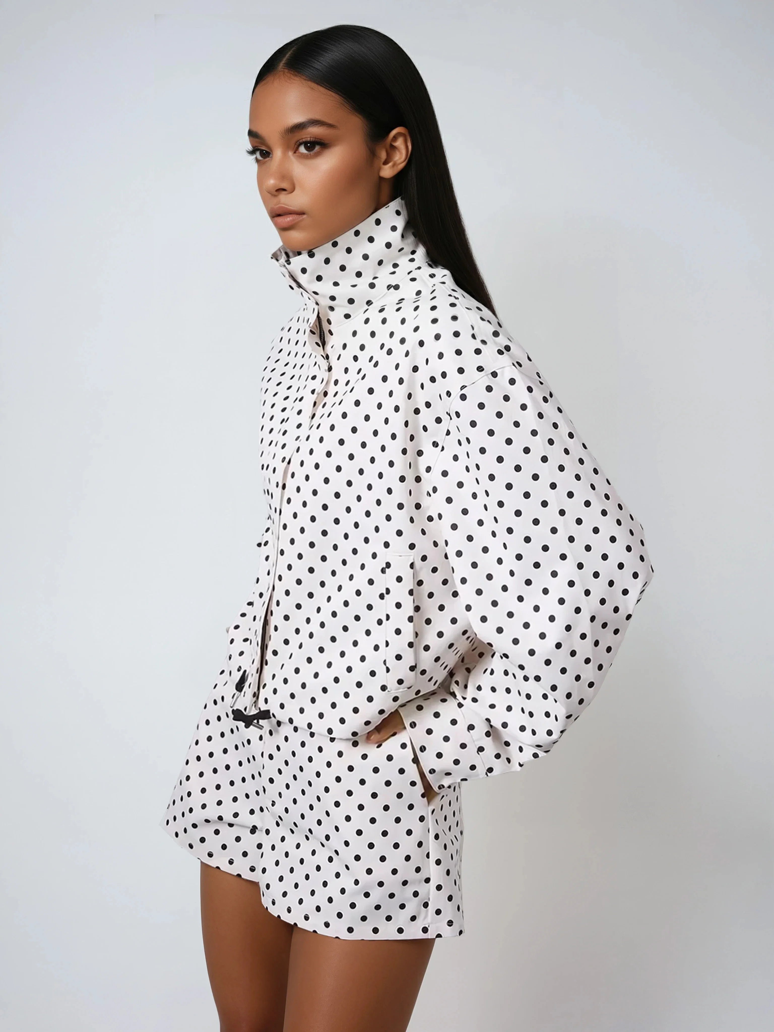 Polka Dot Stand Collar Bomber Jacket For Women Autumn Casual Vintage Streetwear AllSeason