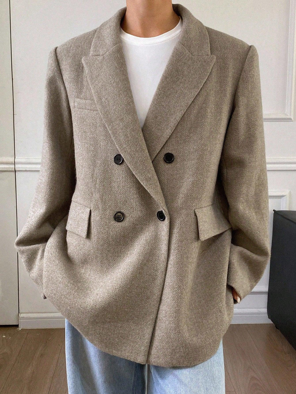 Warm Wool Blend Overcoat Notched Collar Double Breasted