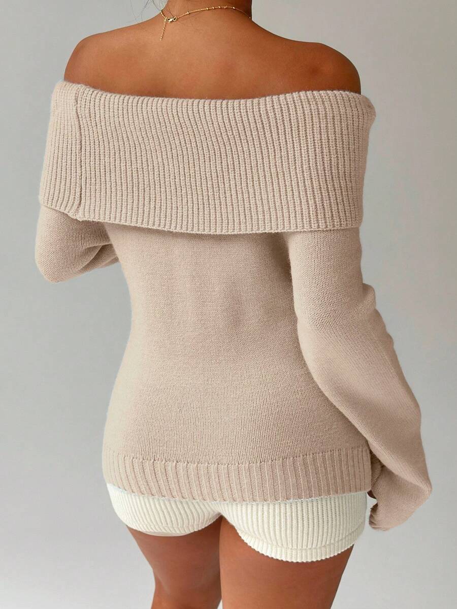 Off Shoulder Foldover Ribbed Knit Jumper