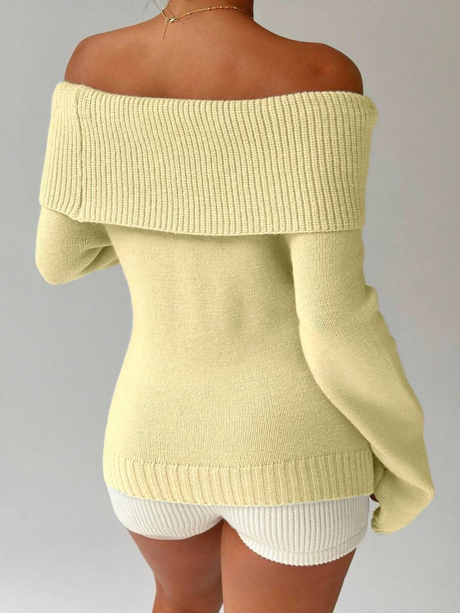 Off Shoulder Foldover Ribbed Knit Jumper