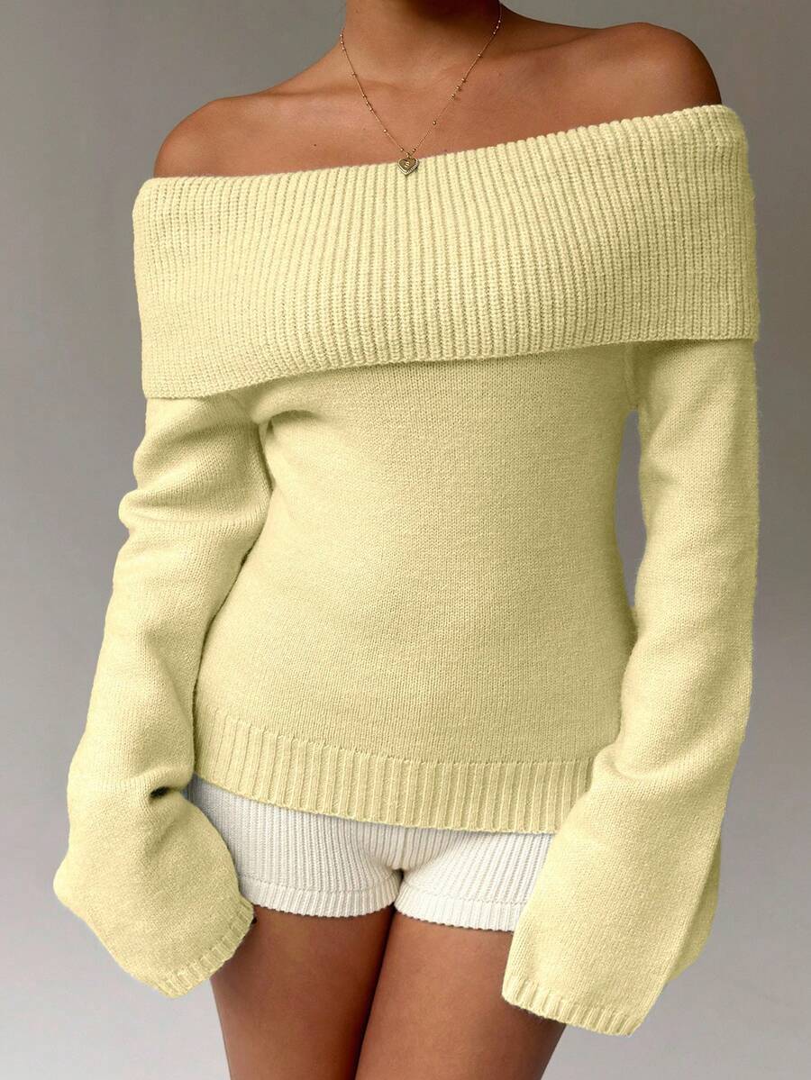 Off Shoulder Foldover Ribbed Knit Jumper