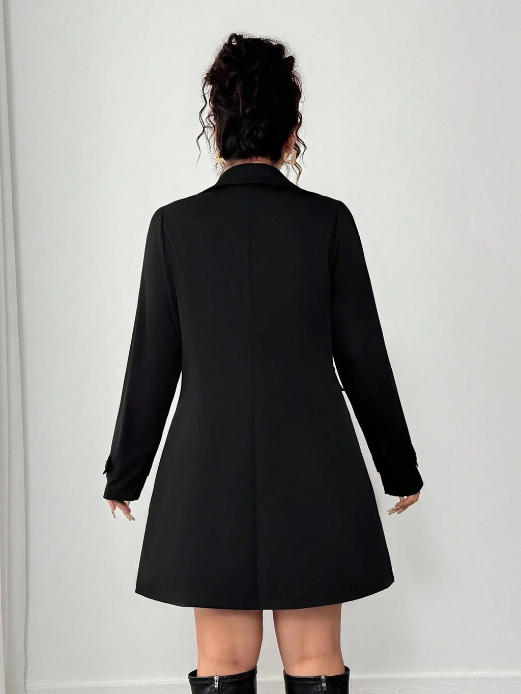 Plus Size Black Trench Coat Lapel Front Elegant Chic