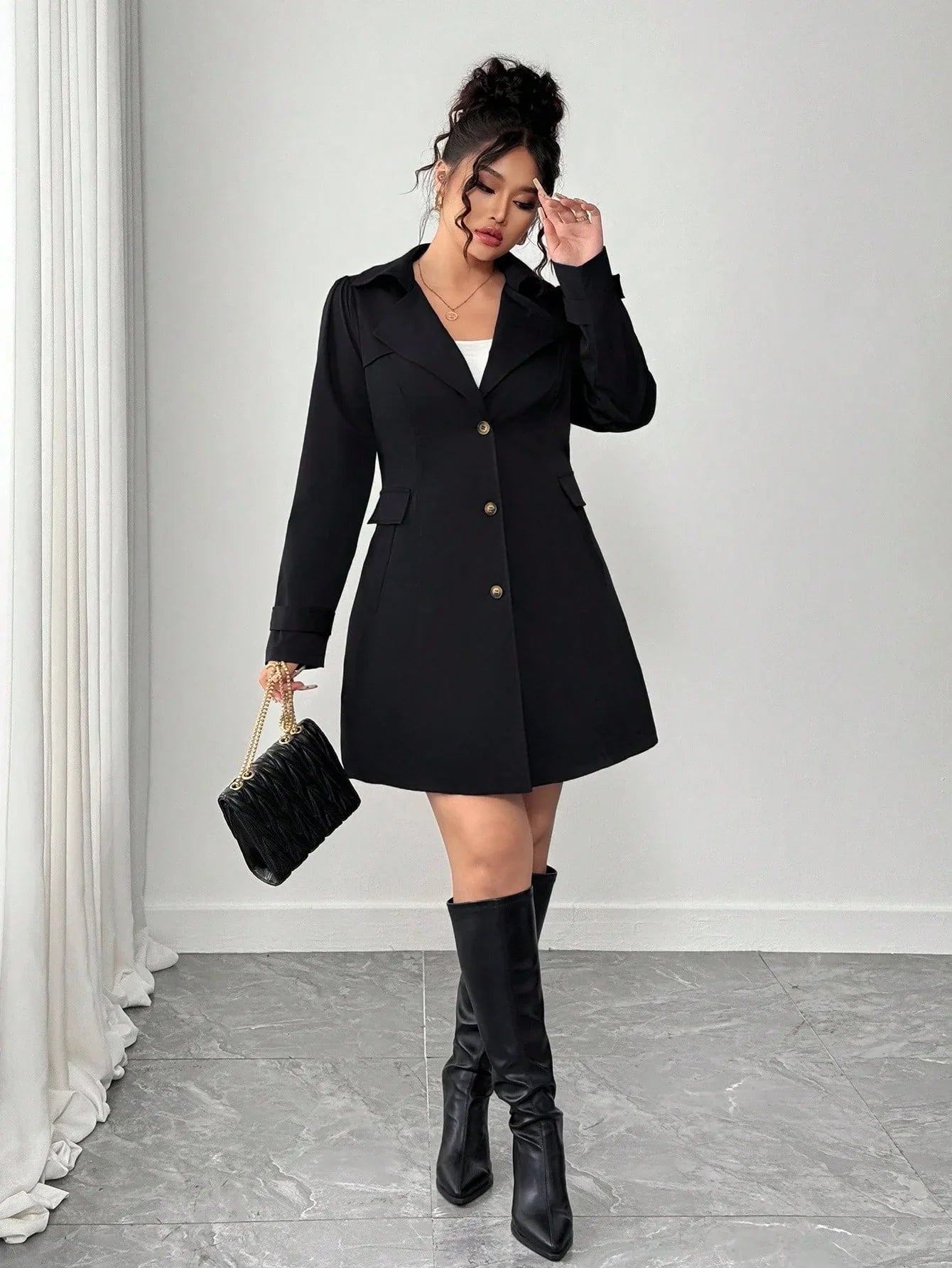 Plus Size Black Trench Coat Lapel Front Elegant Chic