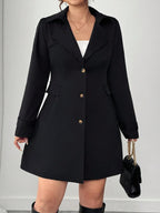 Plus Size Black Trench Coat Lapel Front Elegant Chic