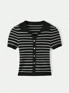 Lined Cashmere Blend Knit Sweater Turndown Collar Stripe