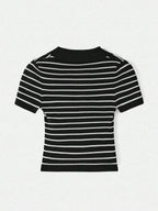 Lined Cashmere Blend Knit Sweater Turndown Collar Stripe