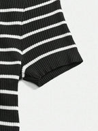Lined Cashmere Blend Knit Sweater Turndown Collar Stripe